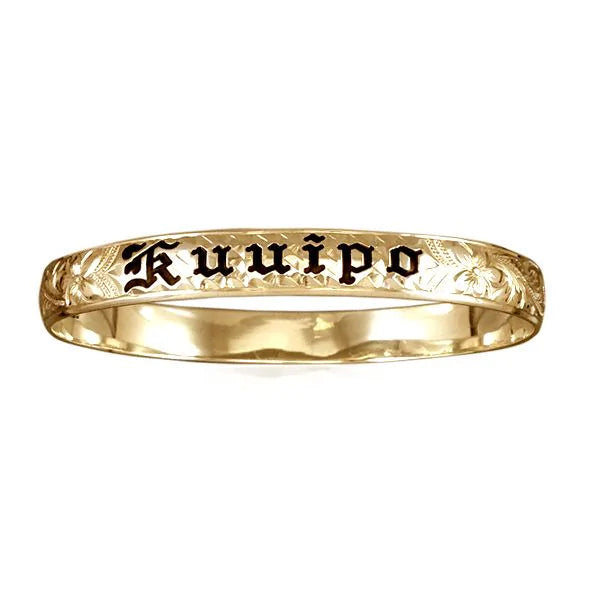 14KT Yellow Gold Personalized/Custom Made to Order 15mm Plumeria and Scroll Bangle