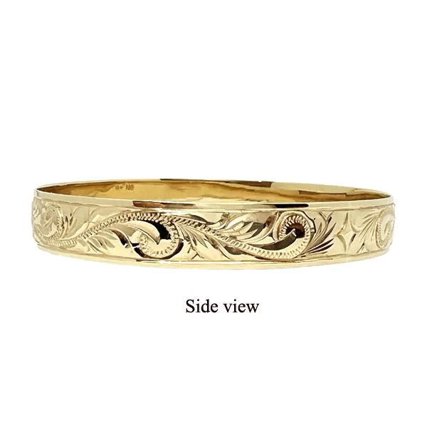 14KT Yellow Gold Personalized/Custom Made to Order 15mm Plumeria and Scroll Bangle