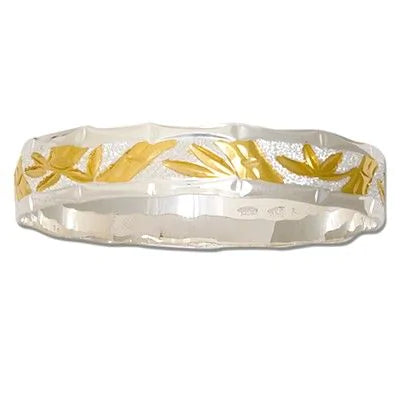 92.5 Sterling Silver Two Tone 8mm Bamboo Design Kids Bangle with Plain Edge