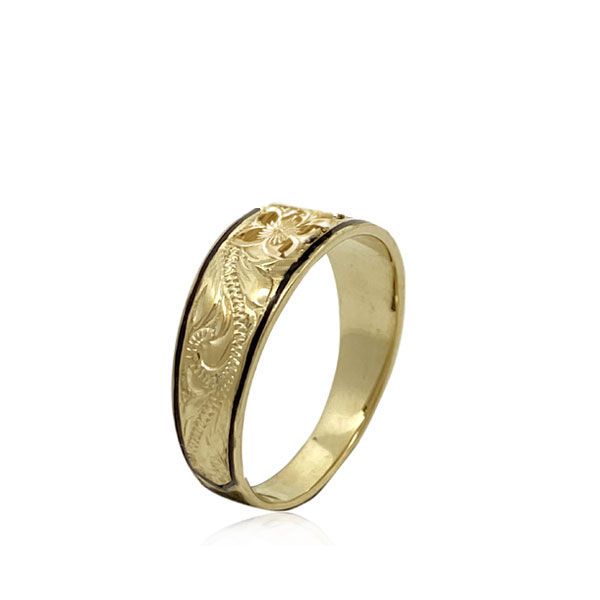 14KT Solid Yellow Gold Asagua Plumeria Scroll Black Border Tapered Ring