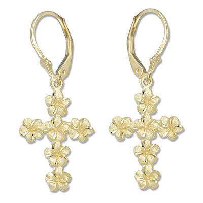 14KT Yellow Gold Kirida Plumeria Leis Cross Lever Back Earrings