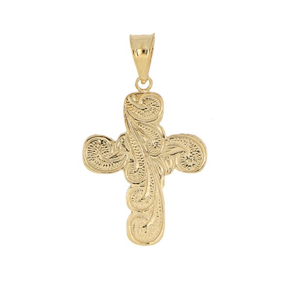 14KT Yellow Gold Large Hand Scrolled Cross Pendant.