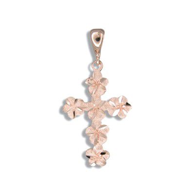 14KT Solid Rose Gold Pika 6mm Plumeria Leis Cross Pendant