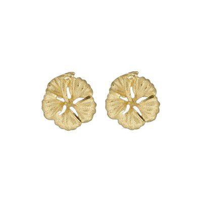 14kt Yellow Gold 12mm Hawaiian Hibiscus Pierced Earrings. 1/2" in diameter. Each petal on the Hibiscus flower is sand finished and has diamond cut on it.