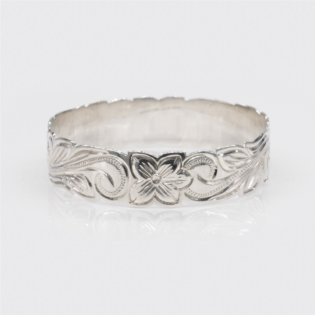 Sterling Silver 15mm Plumeria & Scroll Cut-Out Isla Bangle