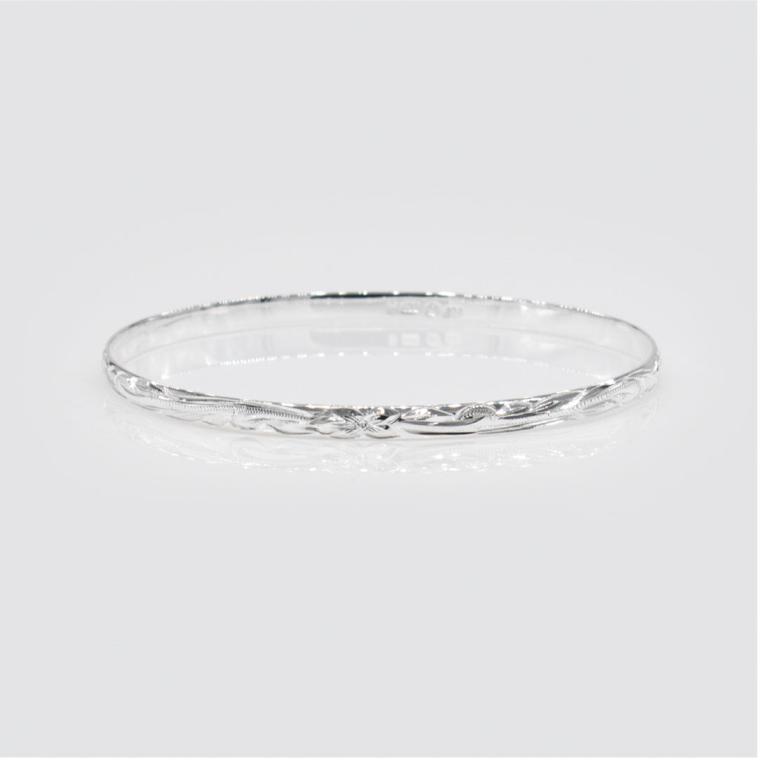 Sterling Silver 4mm Plumeria & Scroll With Plain Edge Bangle