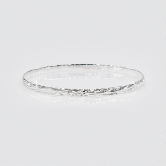 Sterling Silver 4mm Plumeria & Scroll With Plain Edge Isla Bangle