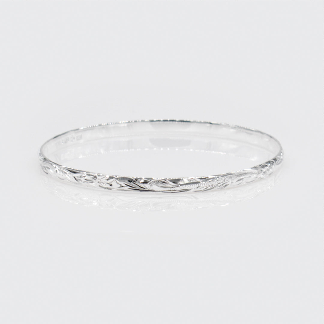Sterling Silver 4mm Plumeria & Scroll With Plain Edge Bangle
