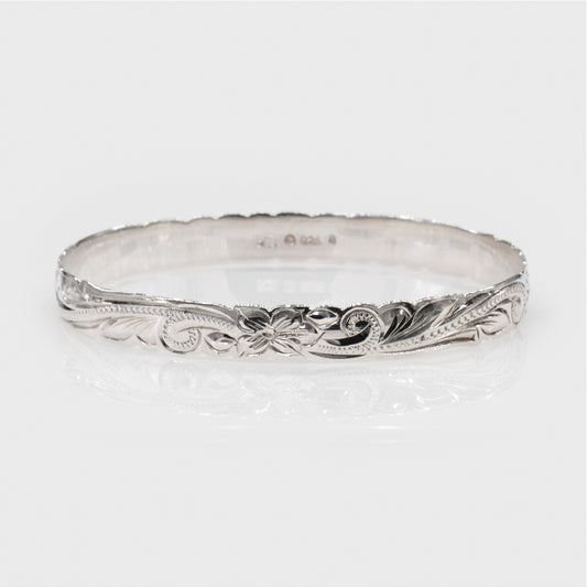 Sterling Silver 8mm Plumeria & Scroll Cut Out Isla Bangle