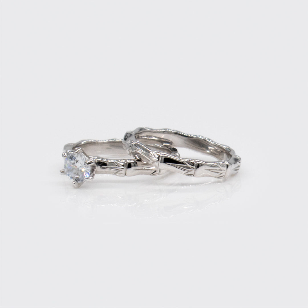 Sterling Silver and Rhodium Bamboo Design Rosa Wedding Ring Set with Cubic Zirconia