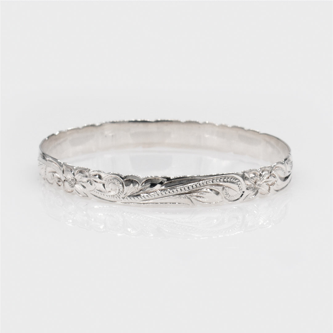 Sterling Silver 8mm Plumeria & Scroll Isla Bangle