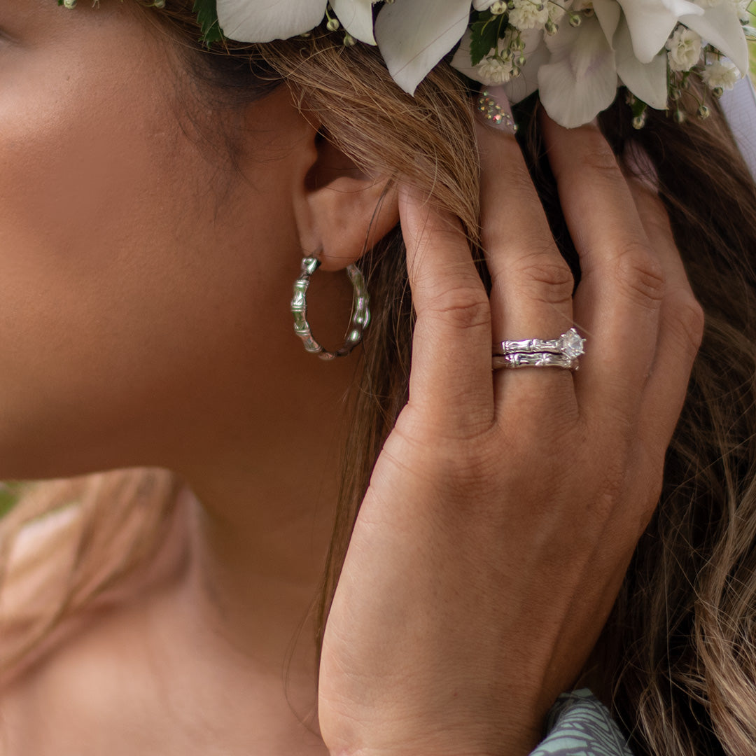Sterling Silver and Rhodium Bamboo Design Rosa Wedding Ring Set with Cubic Zirconia and 2mm Rosa hoop earring.