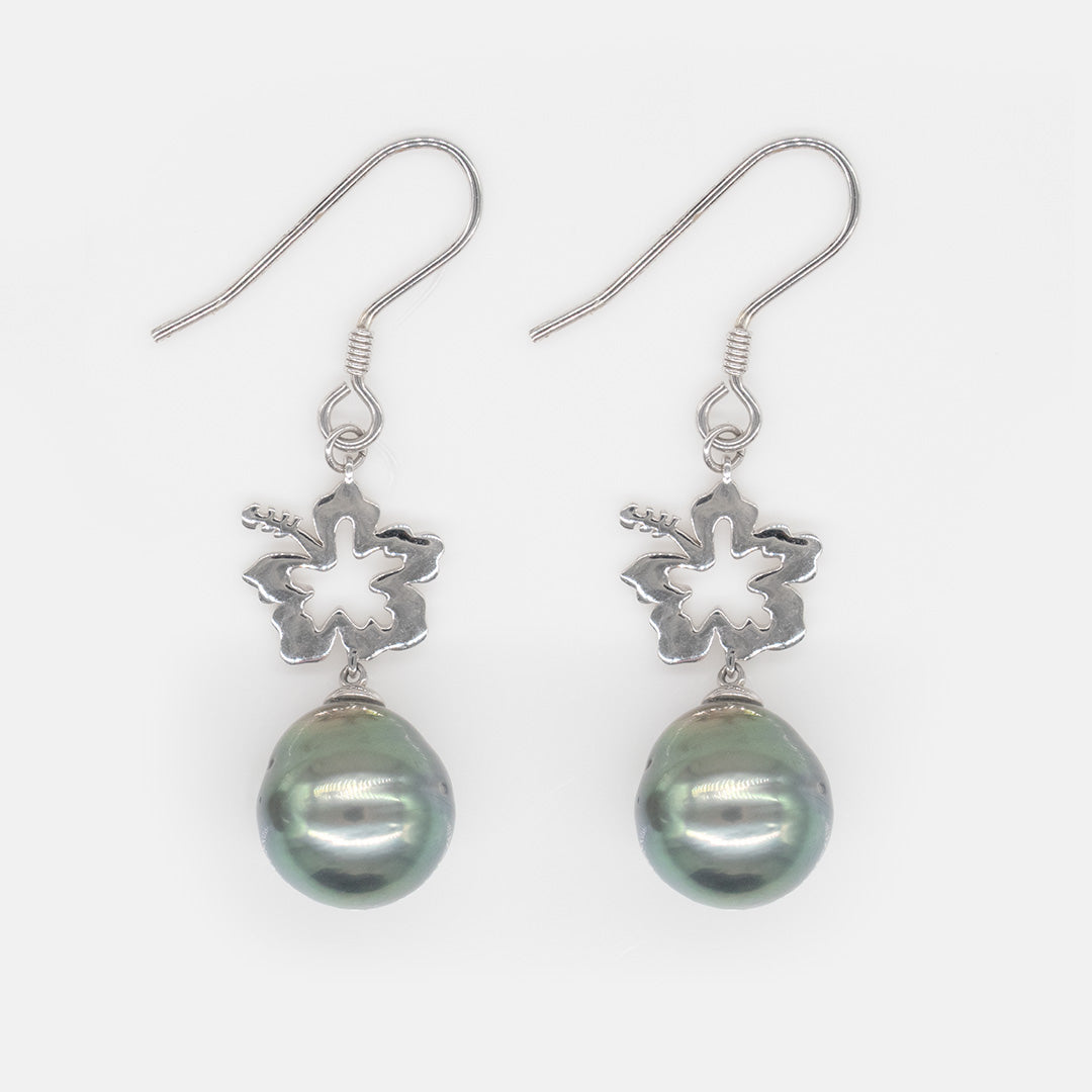 INA Tahitian Pearl Fish Hook Earrings with Hibiscus Accent by Rosa Marianas