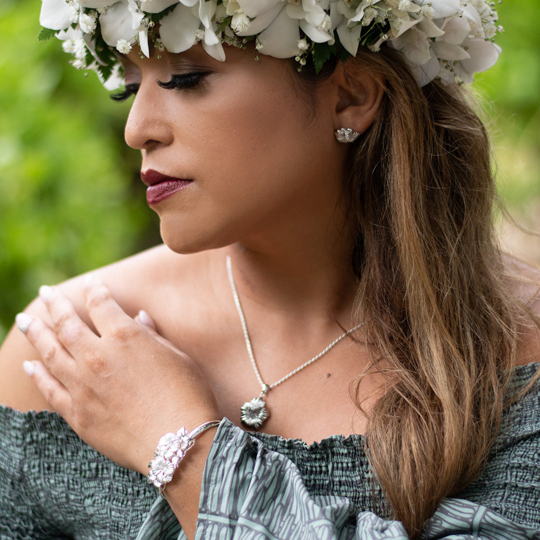 Sterling Silver Hawaiian Hibiscus Kamia Necklace with Cubic Zirconia, Hawaiian Hibiscus Kamia Earring, and Hawaiian Hibiscus Kamia Bracelet.
