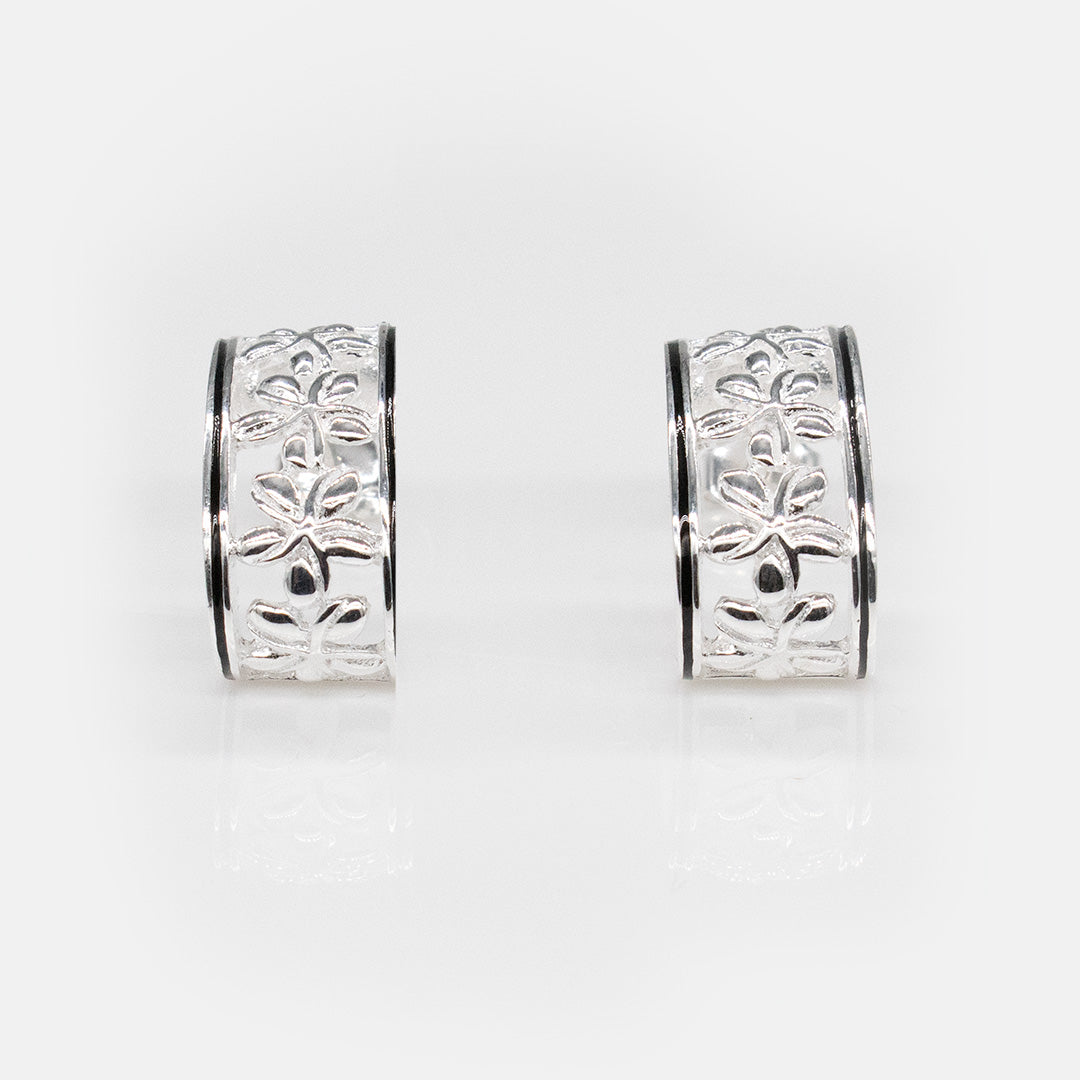 92.5 Sterling Silver Isla Cut In Plumeria Half Hoop Earrings with Black Border