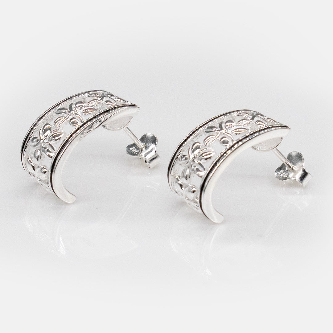 92.5 Sterling Silver Isla Cut In Plumeria Half Hoop Earrings with Black Border