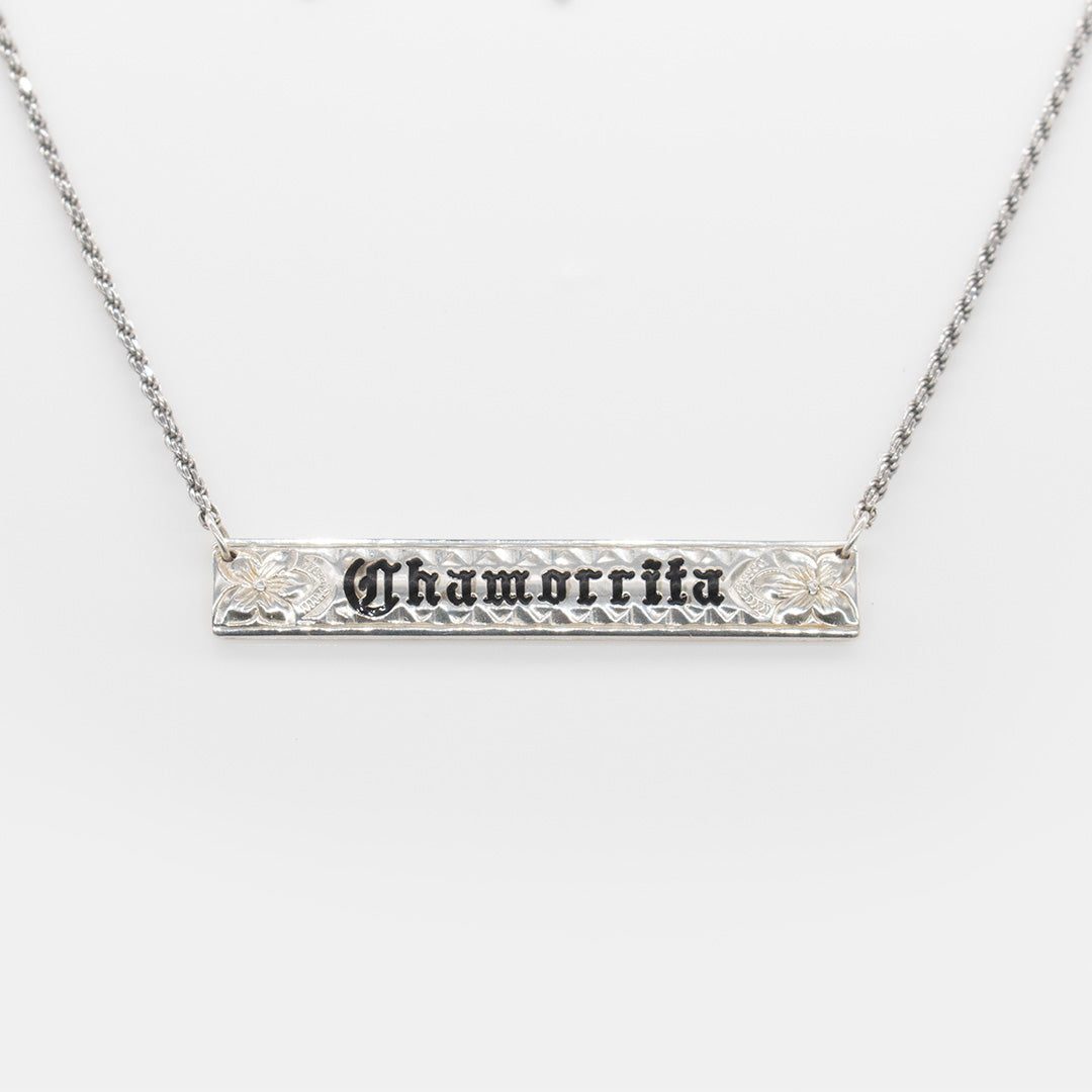 92.5 Sterling Silver Chamorrita Personalized/Custom Made to Order 8mm Plumeria and Scroll Horizontal Necklace