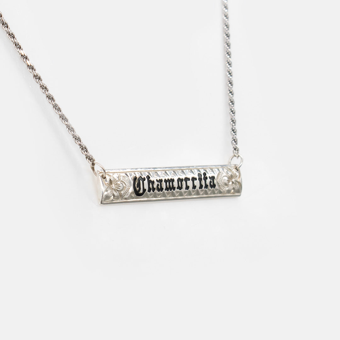 92.5 Sterling Silver Chamorrita Personalized/Custom Made to Order 8mm Plumeria and Scroll Horizontal Necklace