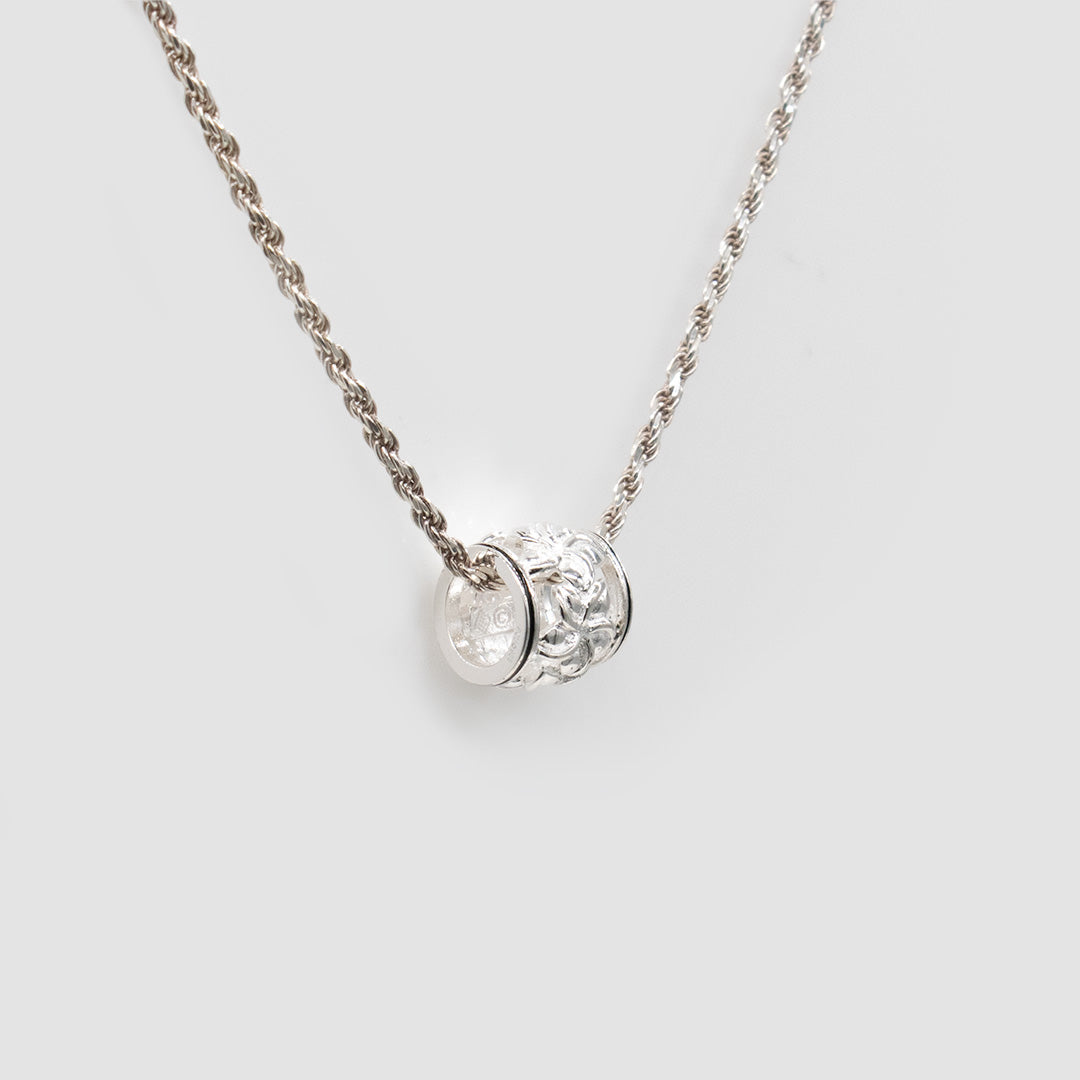 92.5 Sterling Silver Plumeria Barrel with Black Border Necklace
