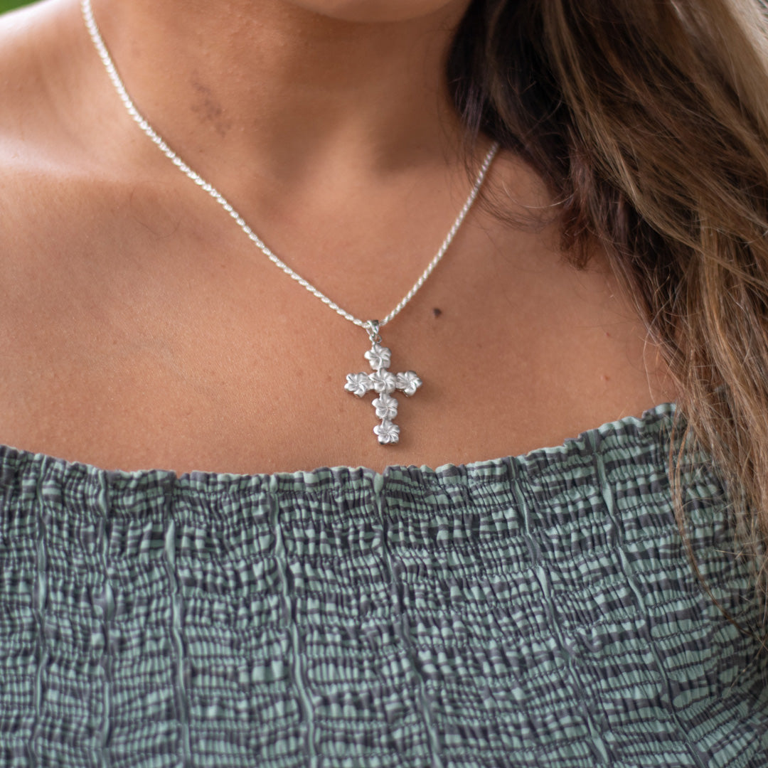 Sterling Silver Plumeria and Cross Design Tasi Pendant