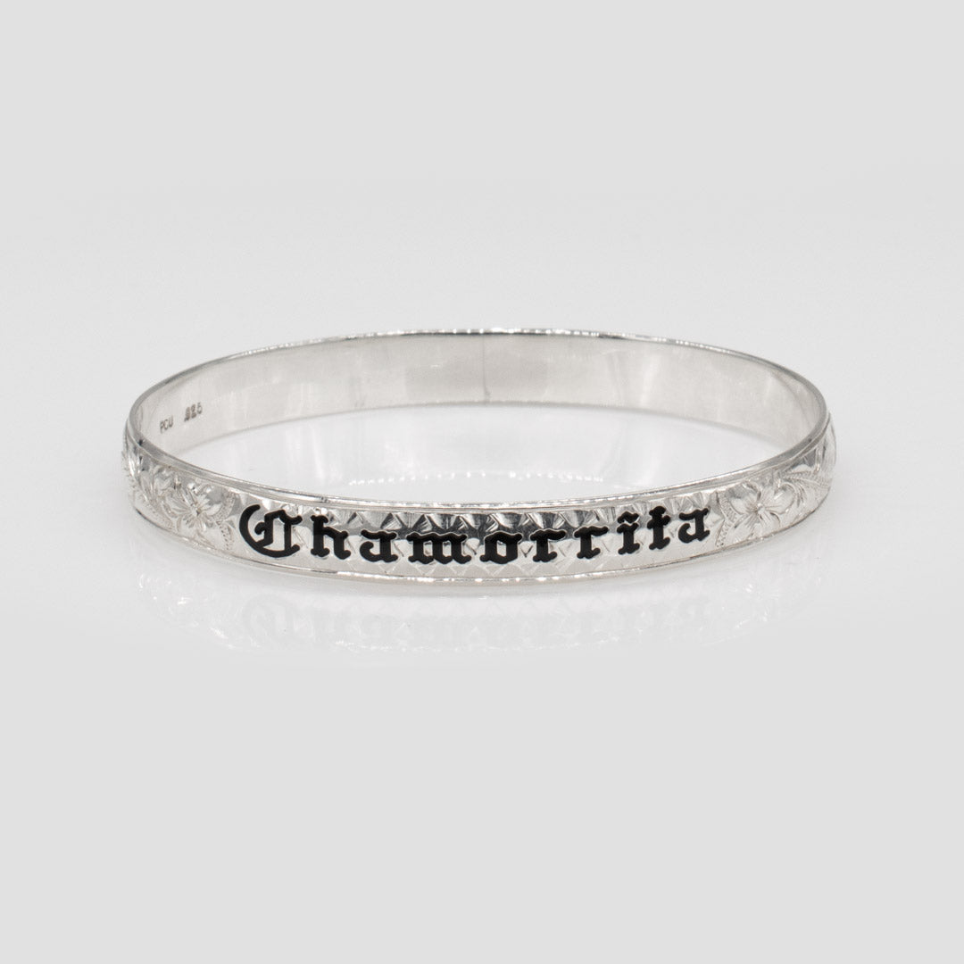 92.5 Sterling Silver Custom Made To Order 8mm Chamorrita Plumeria and Scroll Bangle