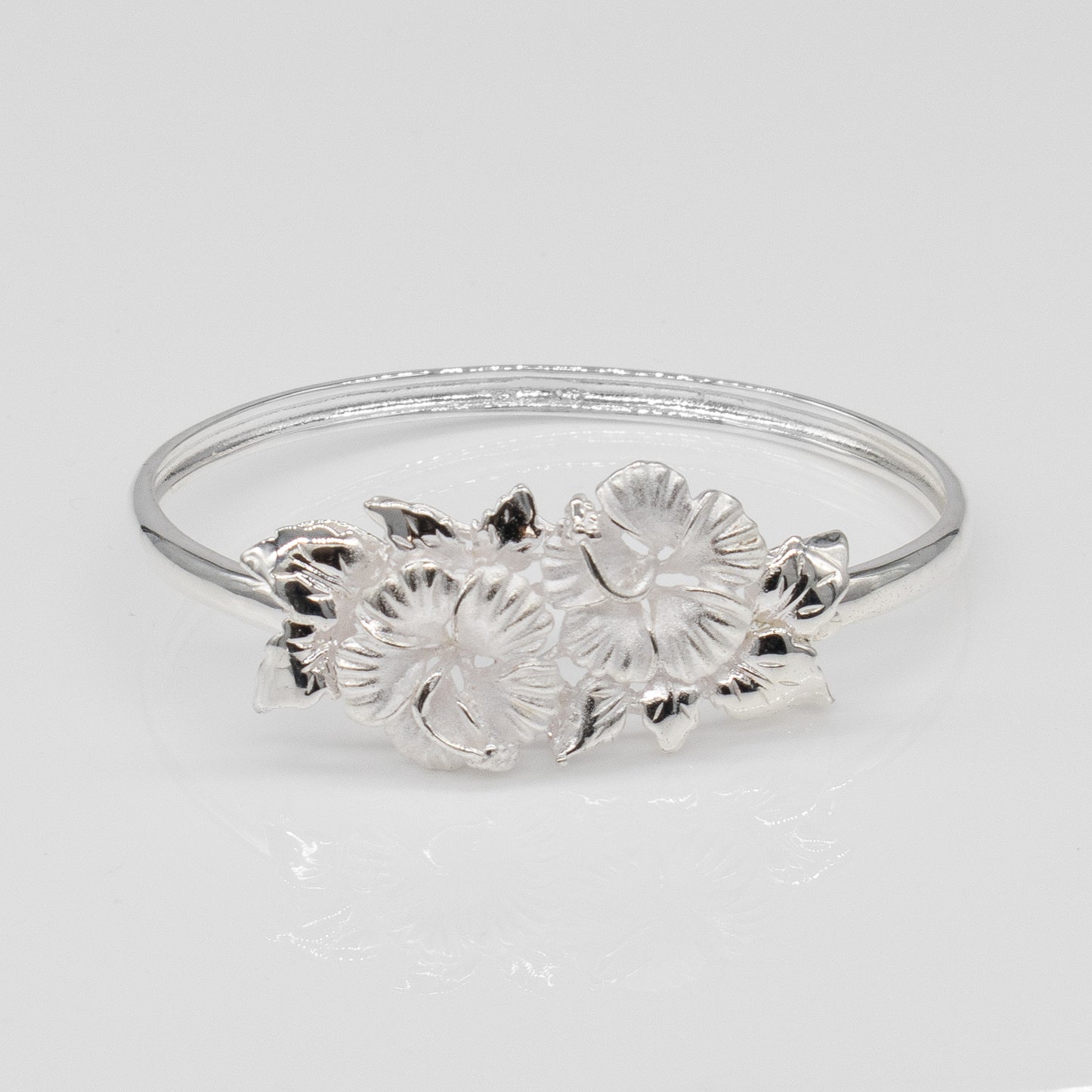 Sterling Silver Double Hibiscus Design Kamia Bangle with Open Clasp