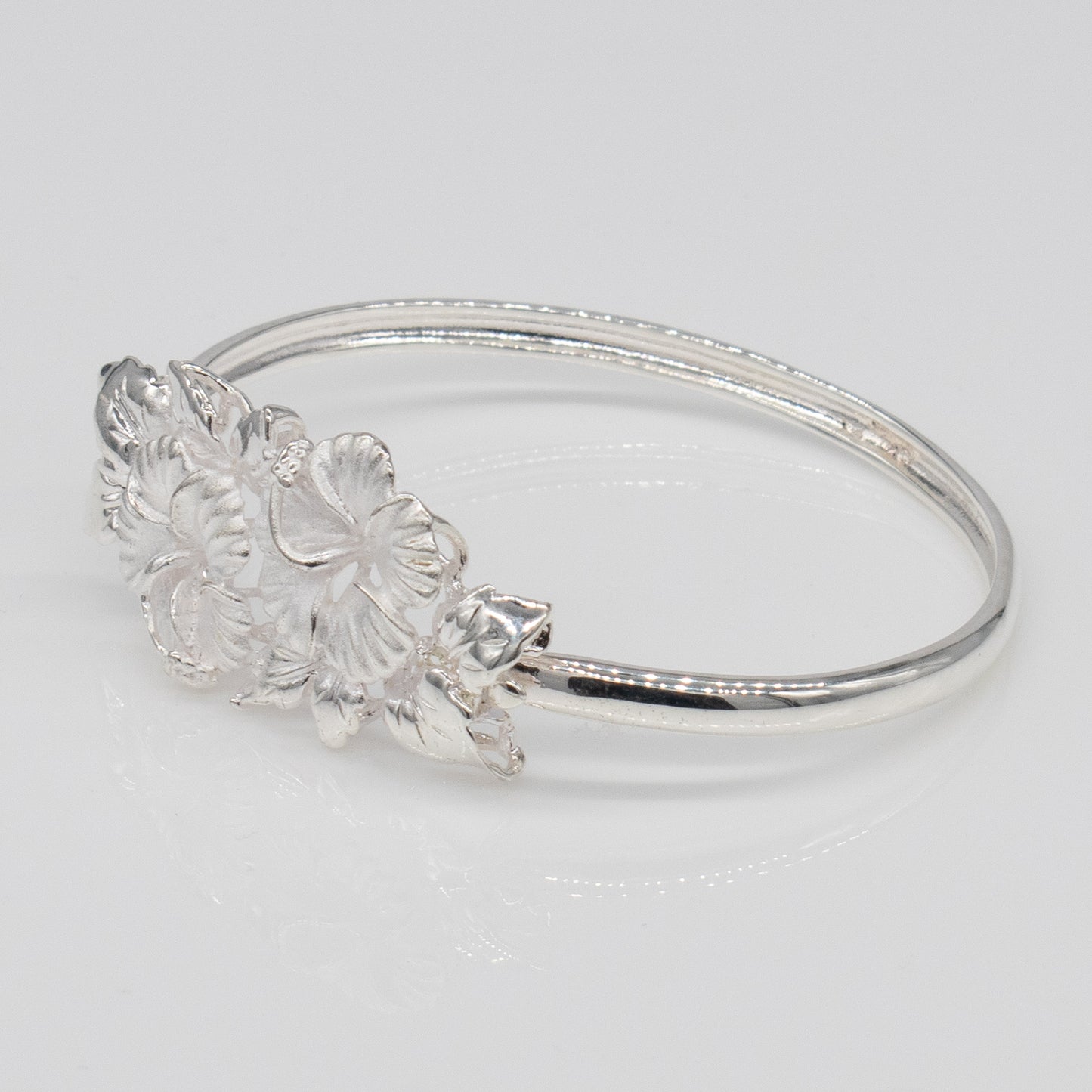 Sterling Silver Double Hibiscus Design Kamia Bangle with Open Clasp