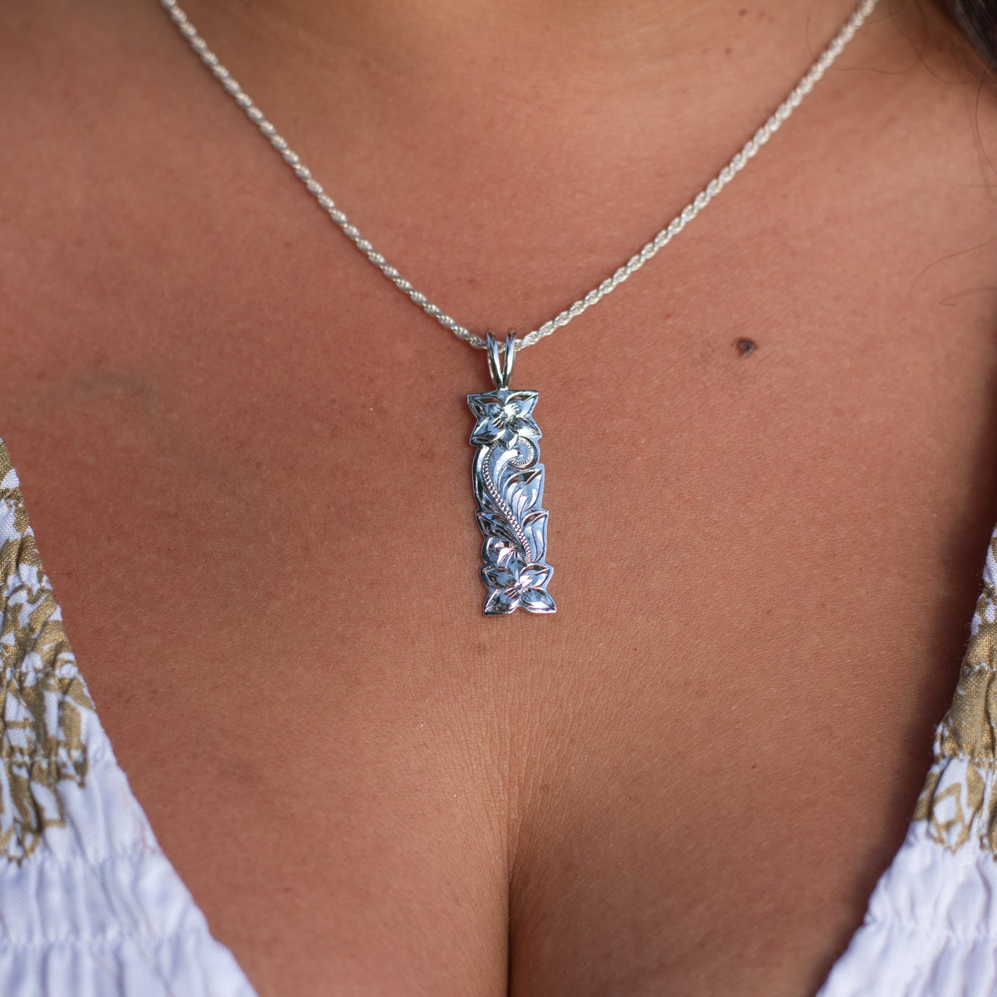 Isla Plumeria & Scroll Long Bar Necklace
