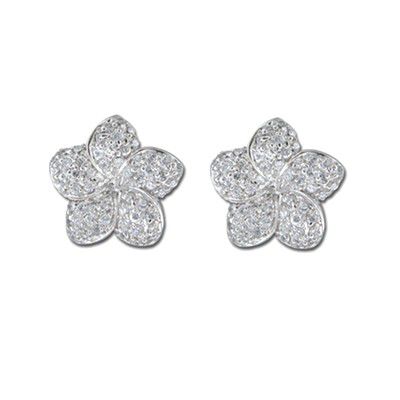 92.5 Sterling Silver Tasi 12mm Plumeria Pierced Earring with Cubic Zirconia - Small