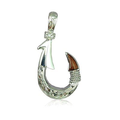92.5 Sterling Silver Gadao Fish Hook Pendant with Koa Wood Accent - Chamorro Jewelry by Rosa Marianas
