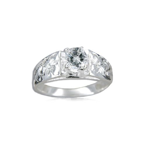 92.5 Sterling Silver Isla 8mm Plumeria & Scroll Ring w/0.5 ct Cubic Zirconia