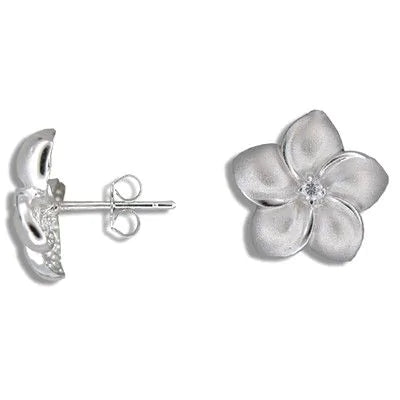 92.5 Sterling Silver Tasi 15mm Plumeria w/CZ Pierced Earrings