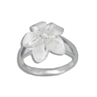 92.5 Sterling Silver Tasi 15mm Plumeria w/CZ Ring