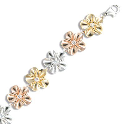 92.5 Sterling Silver Tasi 10mm Tri Color and Cubic Zirconia Plumeria Bracelet