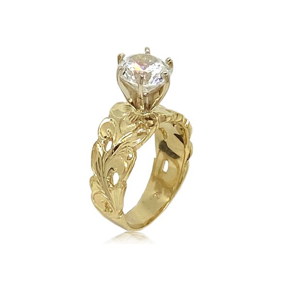 14KT Gold Asagua Cut-out Scroll Tapered Ring with Cubic Zirconia