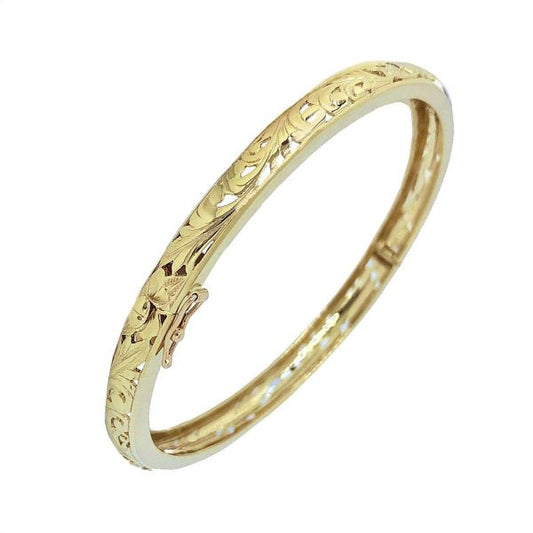 14KT Solid Yellow Gold Kirida 6mm Cut-in Plumeria Scrolled Bangle with Box Clasp and Hinge