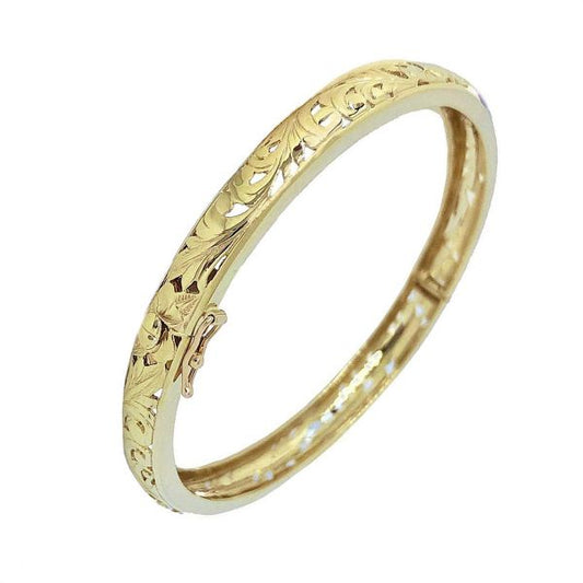 14KT Solid Yellow Gold Kirida 8mm Cut-in Plumeria Scrolled Bangle with Box Clasp and Hinge