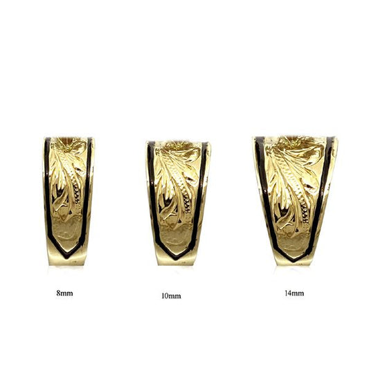 14KT Solid Yellow Gold Asagua Plumeria Scroll Black Border Tapered Ring