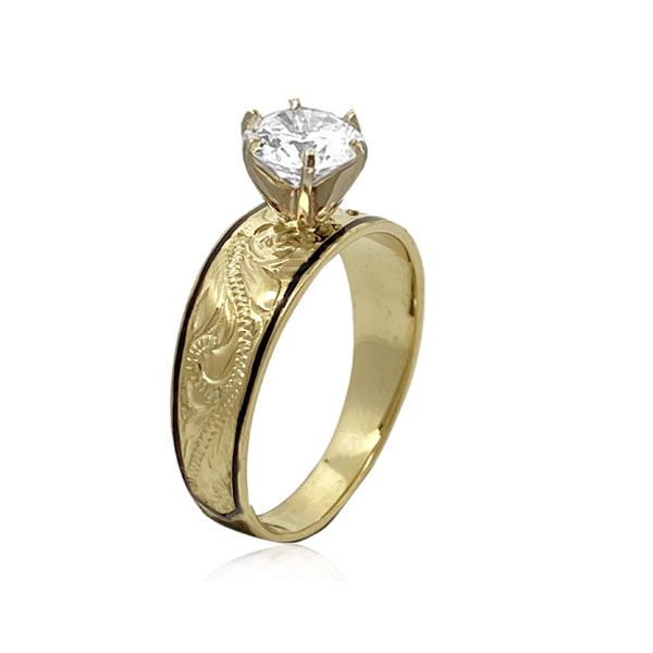 14KT Solid Yellow Gold Asagua Scroll With Black Border Tapered Ring and Cubic Zirconia