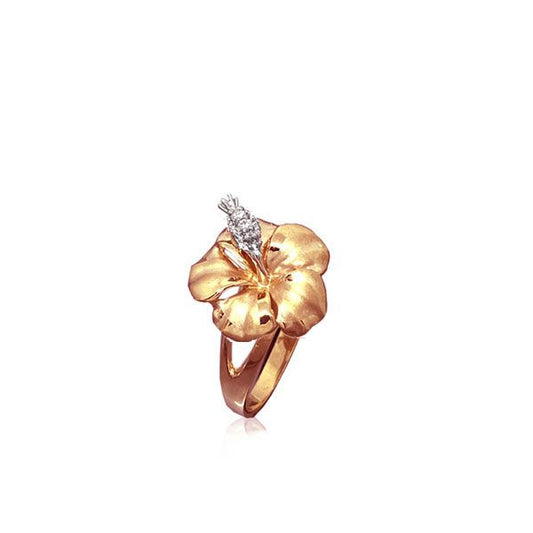 14KT Solid Rose Gold 12MM Hibiscus Ring with Diamond Stamens