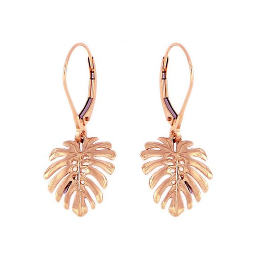 14KT Solid Rose Gold Pika Monstera Leaf Earrings with Lever Back - Medium