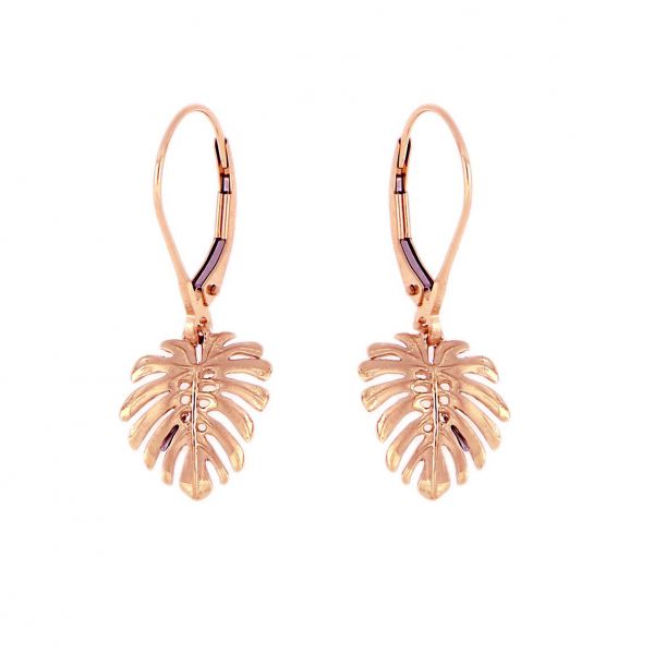 14KT Solid Rose Gold Pika Monstera Leaf Earrings with Lever Back - Small