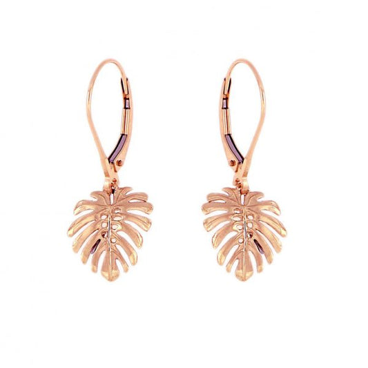 14KT Solid Rose Gold Pika Monstera Leaf Earrings with Lever Back - Small