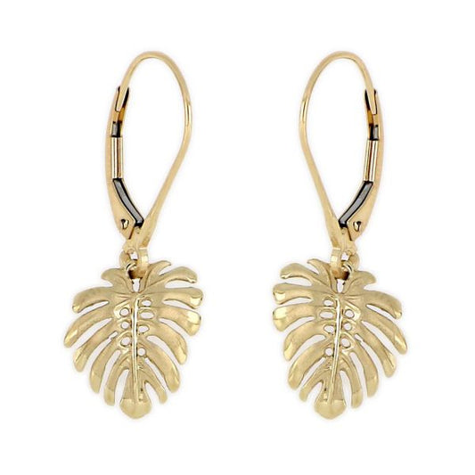 14KT Solid Yellow Gold Large Monstera Leaf Earrings with Lever Back