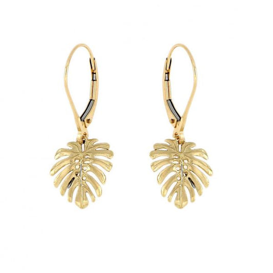 14KT Solid Yellow Gold Small Monstera Leaf Earrings with Lever Back