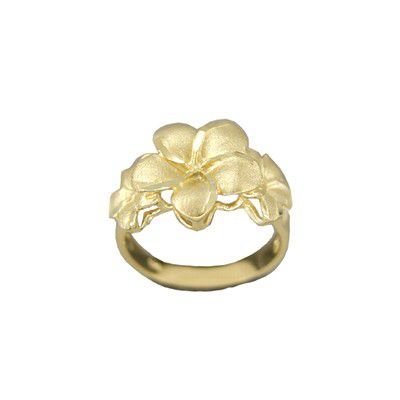 14KT Yellow Gold Kirida Large Triple Plumeria Flowers Ring