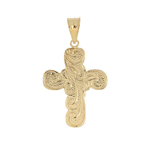 14KT Yellow Gold Large Hand Scrolled Cross Pendant. 