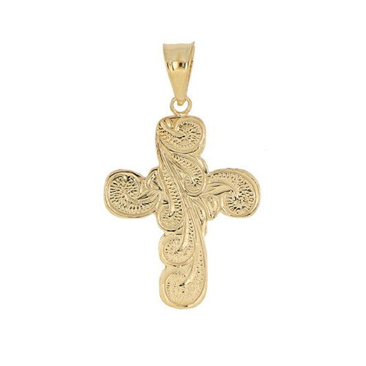 14KT Yellow Gold Large Hand Scrolled Cross Pendant.