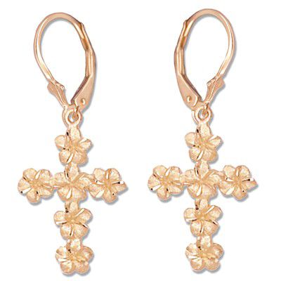 14KT Solid Rose Gold Plumeria Leis Cross Lever Back Earrings