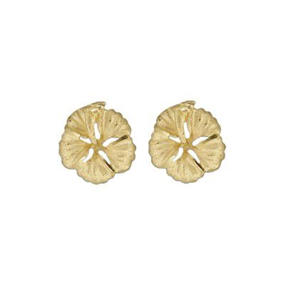 14kt Yellow Gold 12mm Hawaiian Hibiscus Pierced Earrings. 1/2" in diameter. Each petal on the Hibiscus flower is sand finished and has diamond cut on it.